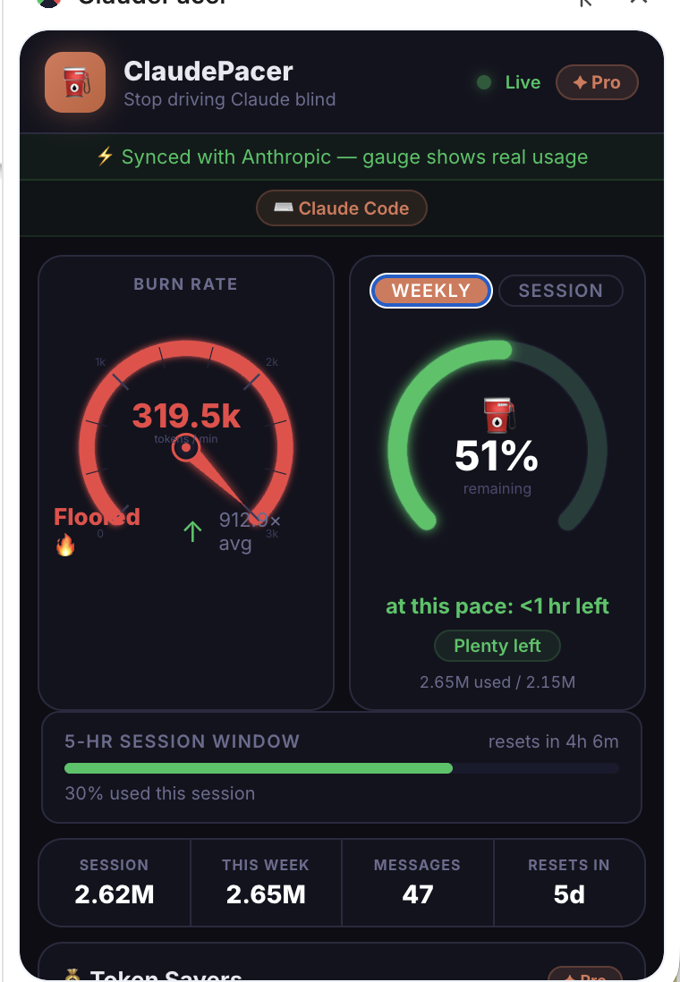 ClaudePacer speedometer and weekly gas gauge